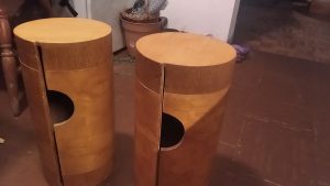 With vibration speaker the sound is created by transmitting vibrations to any material of much larger dimensions than the vibration surface of the speaker motor. I used a special, particularly light wooden panel &#8211; folded into a cylinder.